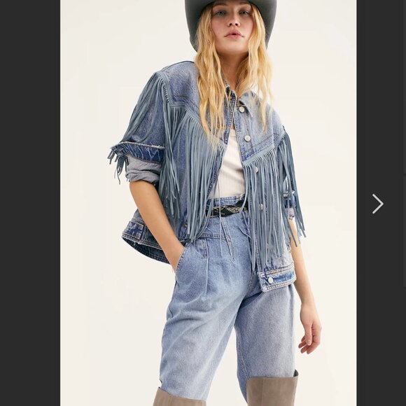 Free People "We the Free" After Hours Fringe Denim Jacket M - Picture 1 of 16